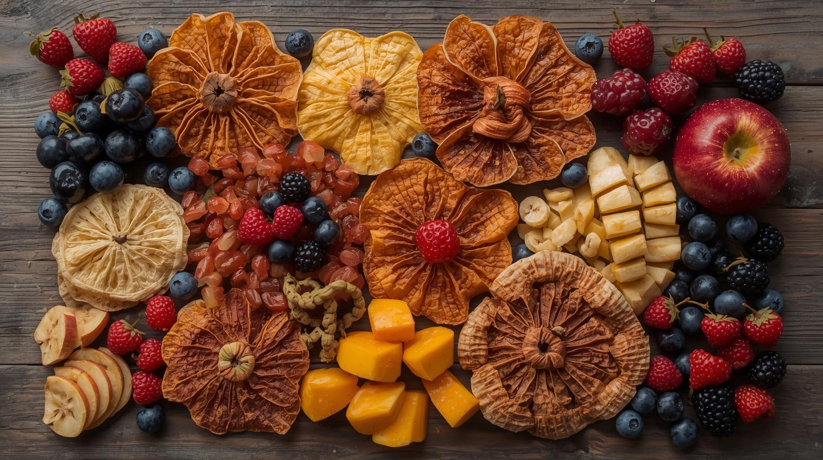 Vista aérea de un bodegón con frutas frescas como arándanos, frambuesas y manzanas junto a flores de fruta deshidratada de Drylicious sobre una mesa de madera rústica.
